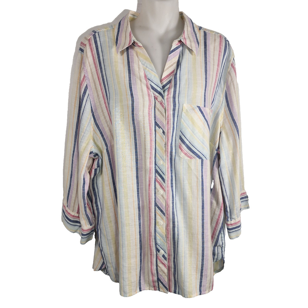Chico's No Iron Linen Shirt Button 3/4 Sleeve Multi Stripe Coastal Packable 18